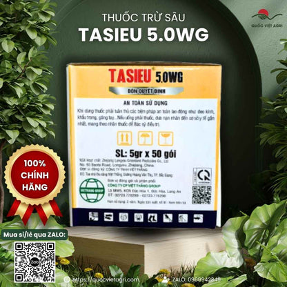 Cận cảnh gói nhỏ 5g Tasieu 5.0WG hoạt chất Emamectin Benzoate 50g/kg dạng cốm.