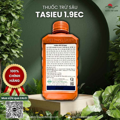 Mặt sau chai thuốc trừ sâu Tasieu 1.9EC 450ml với thông tin thành phần Emamectin Benzoate 19g/l và hướng dẫn sử dụng cho cây ăn trái, lúa.