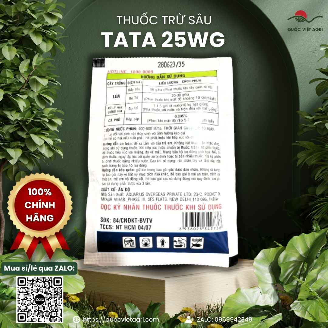 Mặt sau gói TATA 25WG với hướng dẫn sử dụng xử lý hạt giống và phun trừ rầy cho lúa, cà phê.