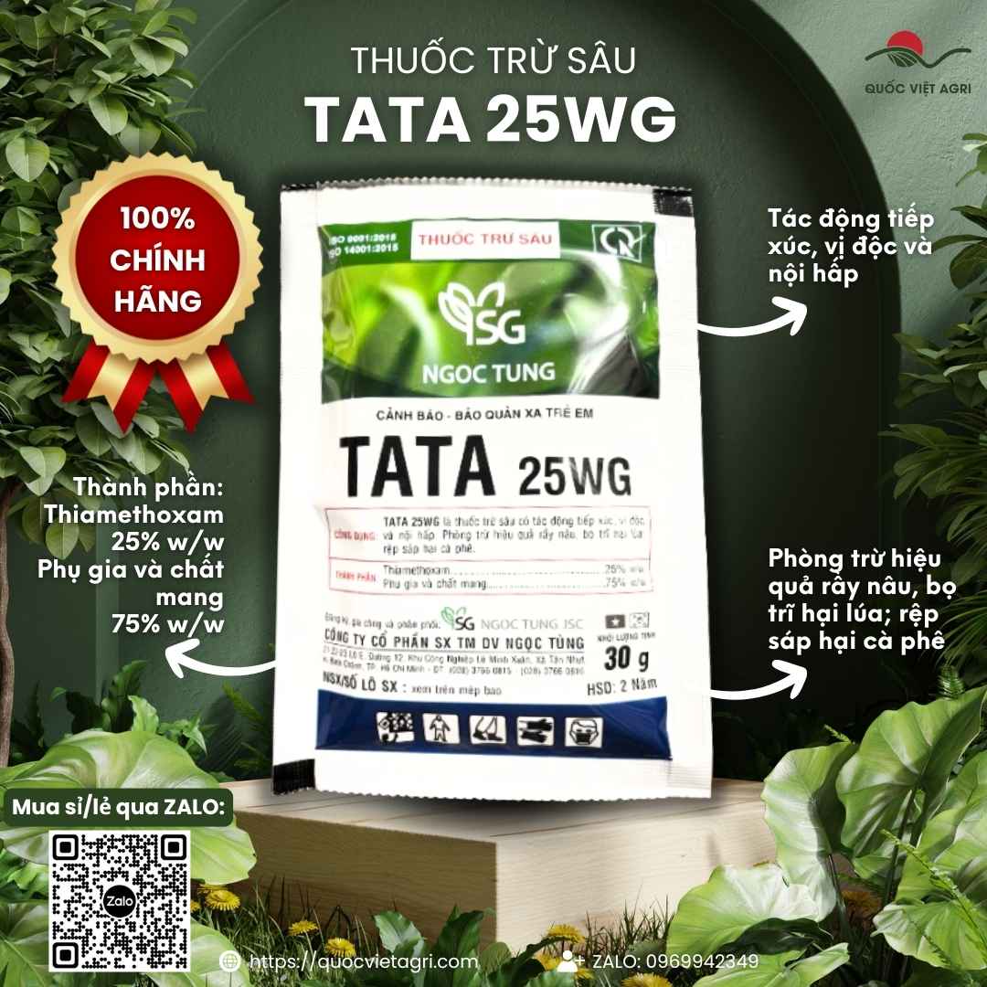 Mặt trước gói Thuốc Trừ Sâu TATA 25WG 30g, hoạt chất Thiamethoxam 25%, đặc trị rầy nâu, bọ trĩ, rệp sáp.