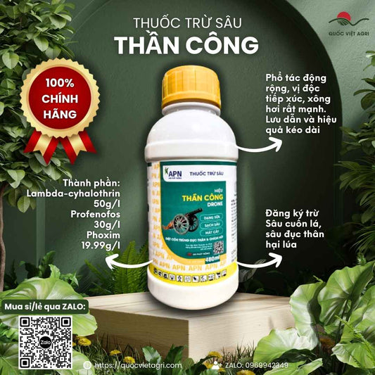 Mặt trước chai thuốc trừ sâu Thần Công Boxing 9999 480ml, chuyên dùng để đặc trị sâu cuốn lá, sâu đục thân lúa, sản phẩm chính hãng An Phát Nông.

