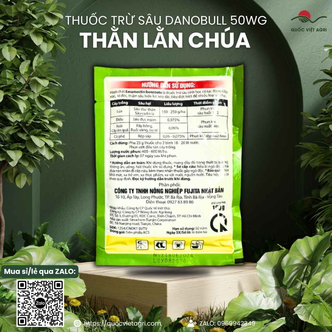 Hoạt chất Emamectin benzoate 5% mặt sau gói Danobull đặc trị bọ trĩ.