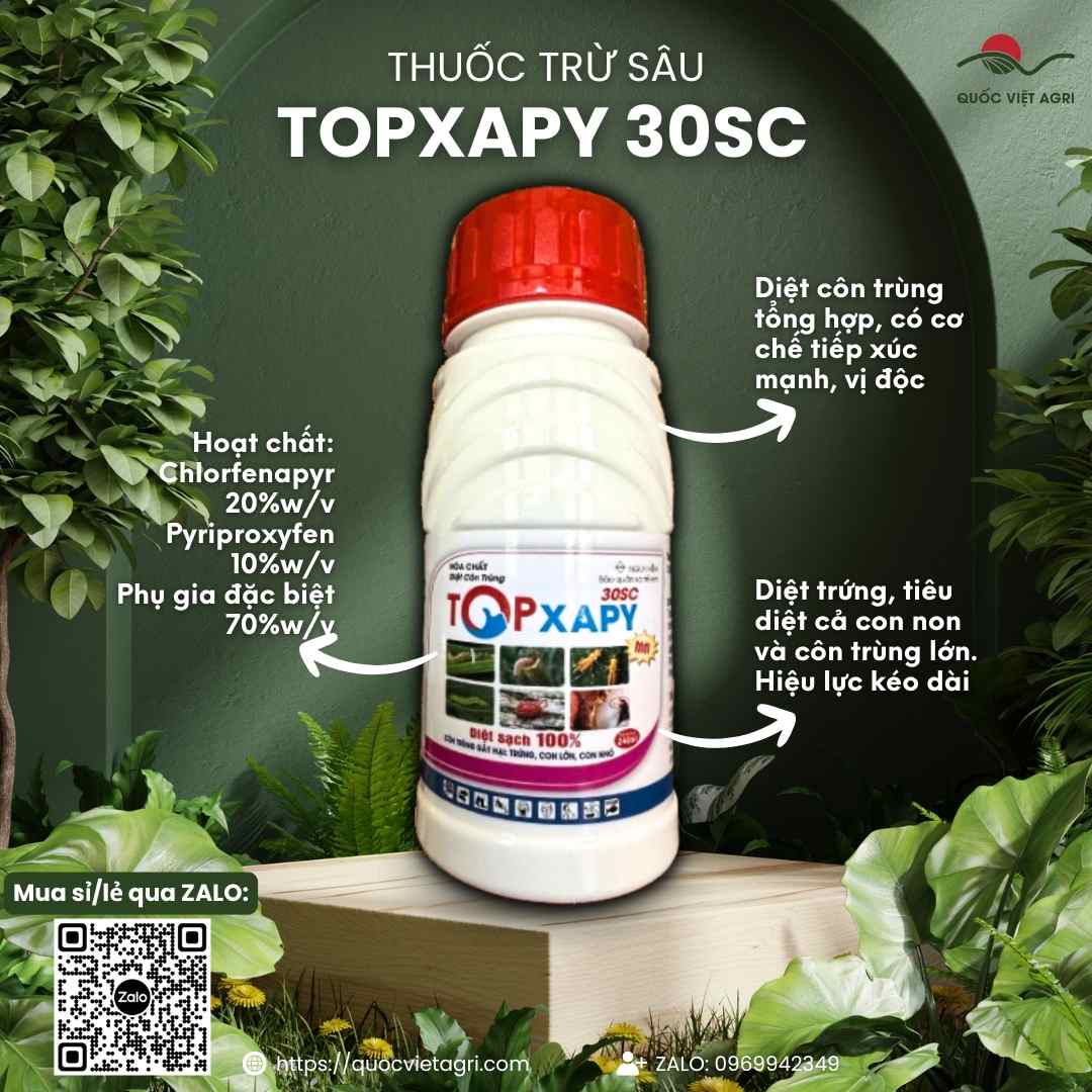 Mặt trước chai thuốc trừ sâu Topxapy 30SC 240ml, chuyên dùng để diệt bọ trĩ, sâu cuốn lá, sản phẩm chứa Chlorfenapyr và Pyriproxyfen.