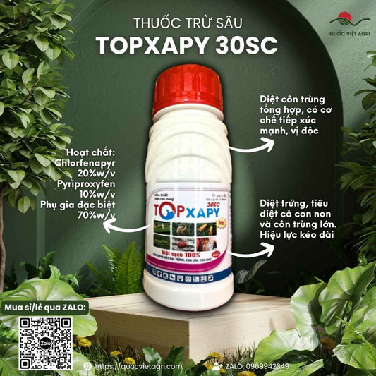 Mặt trước chai thuốc trừ sâu Topxapy 30SC 240ml, chuyên dùng để diệt sâu cuốn lá, bọ trĩ, sản phẩm chính hãng của BMC.

