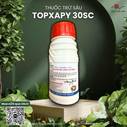 Mặt sau chai thuốc trừ sâu Topxapy 30SC 240ml với thông tin 2 thành phần hoạt chất và hướng dẫn sử dụng.