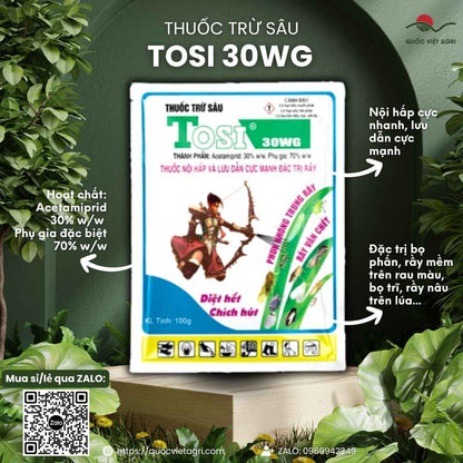 Mặt trước gói thuốc trừ sâu Tosi 30WG 100g, chuyên dùng để đặc trị bọ phấn, bọ trĩ, sản phẩm chính hãng của BMC.

