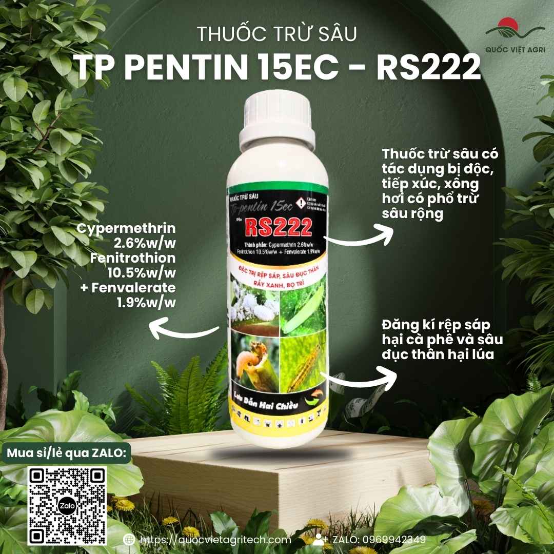 Mặt trước chai thuốc trừ sâu TP-Pentin 15EC 450ml, chuyên dùng để đặc trị rệp sáp, sâu đục thân, sản phẩm chính hãng.

