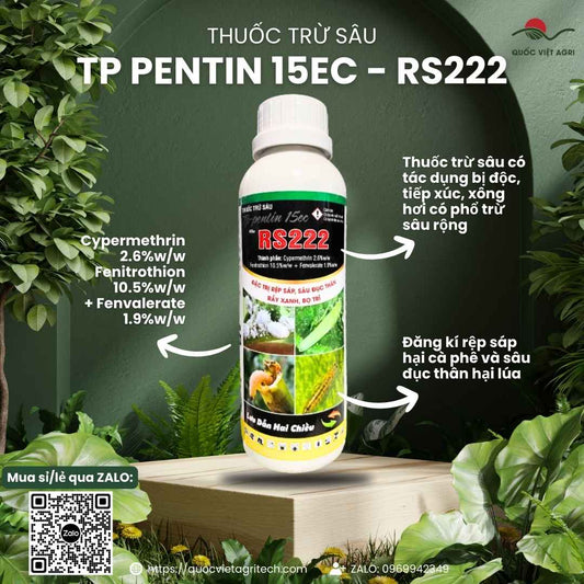 Mặt trước chai thuốc trừ sâu TP-Pentin 15EC 450ml, chuyên dùng để đặc trị rệp sáp, sâu đục thân, sản phẩm chính hãng.

