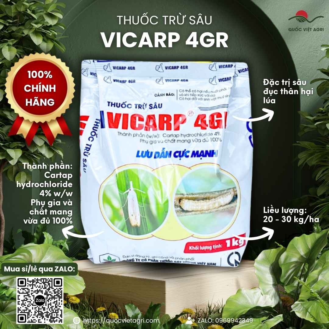 Thuốc trừ sâu VICARP 4GR gói 1kg (VIPESCO) – đặc trị sâu đục thân hại lúa (Cartap hydrochloride) – Quốc Việt Agri