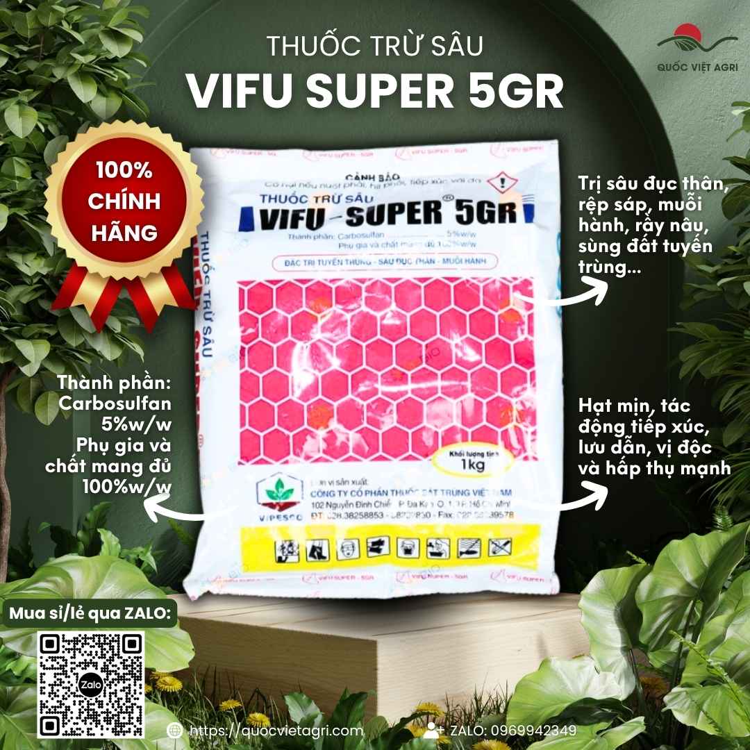 Mặt trước gói thuốc trừ sâu rải gốc Vifu Super 5GR 1KG, chuyên dùng để đặc trị tuyến trùng, sâu đục thân, sản phẩm chính hãng của Quốc Việt Agri.
