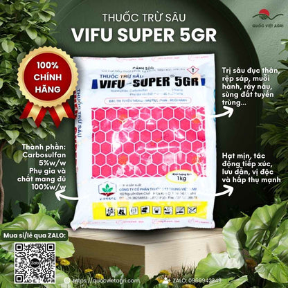 Mặt trước gói thuốc trừ sâu rải gốc Vifu Super 5GR 1KG, chuyên dùng để đặc trị tuyến trùng, sâu đục thân, sản phẩm chính hãng của Quốc Việt Agri.
