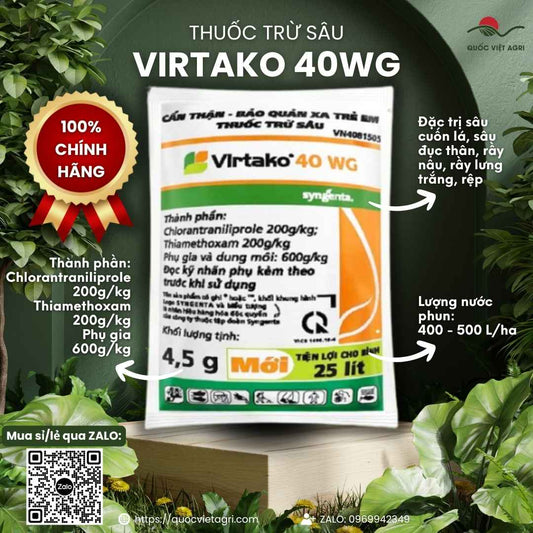 Mặt trước gói thuốc trừ sâu Virtako 40WG 4.5g, đặc trị sâu đục thân, rầy nâu, chính hãng Syngenta.

