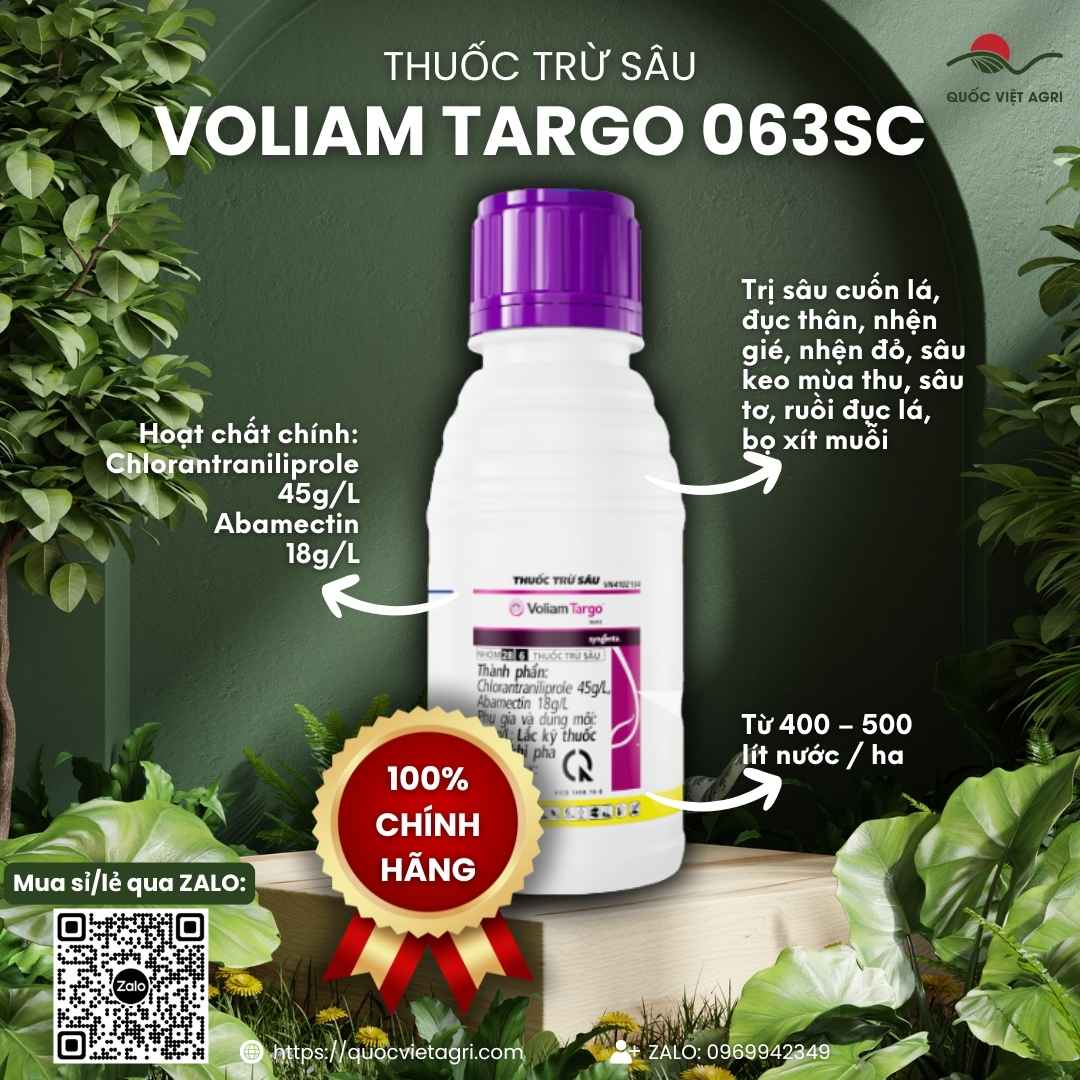 Thuốc trừ sâu VOLIAM TARGO 063SC chai 250ml – trừ sâu cuốn lá, sâu keo mùa thu (Chlorantraniliprole + Abamectin) – Quốc Việt Agri