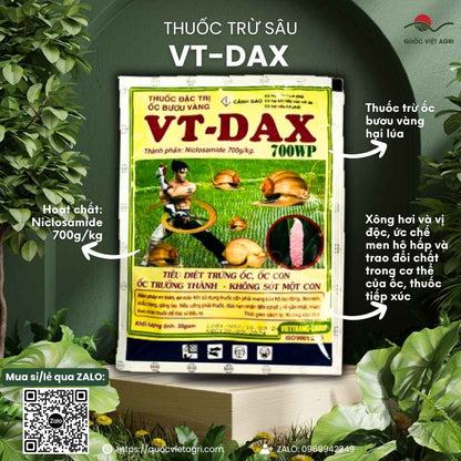 Mặt trước gói thuốc trừ ốc VT-DAX 700WP 35g, chuyên dùng để đặc trị ốc bươu vàng hại lúa, sản phẩm chính hãng VITHACO.

