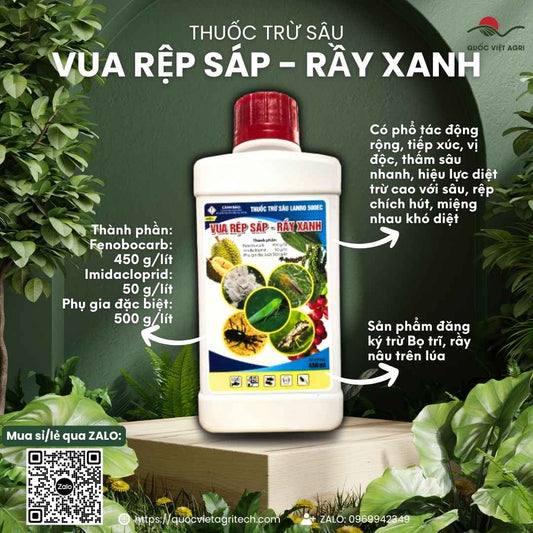 Mặt trước chai thuốc trừ sâu Vua Rệp Sáp Rầy Xanh 450ml, chuyên dùng để đặc trị rệp sáp, rầy xanh, sản phẩm chính hãng.

