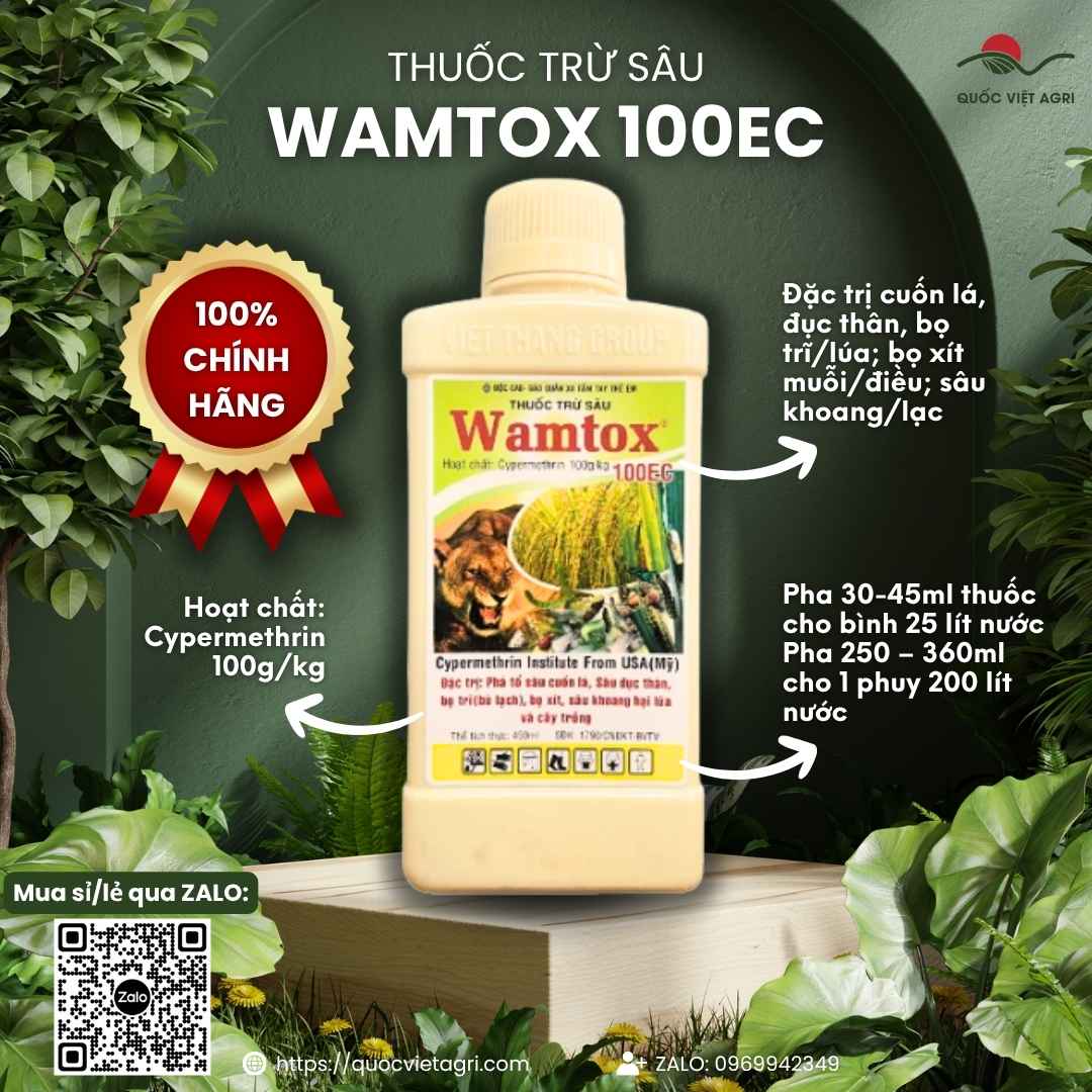 Mặt trước chai Thuốc trừ sâu WAMTOX 100EC 450ml chính hãng Việt Thắng.