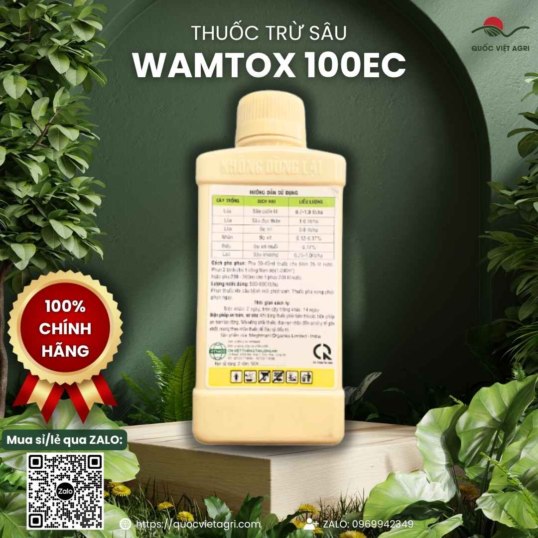 Hoạt chất Cypermethrin 100g/kg mặt sau chai Wamtox đặc trị sâu cuốn lá lúa.