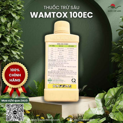 Hoạt chất Cypermethrin 100g/kg mặt sau chai Wamtox đặc trị sâu cuốn lá lúa.