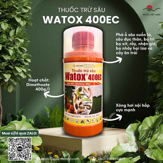 Mặt trước chai thuốc trừ sâu Watox 400EC 450ml, chuyên dùng để đặc trị rệp sáp, bọ trĩ, sản phẩm chính hãng VITHACO.

