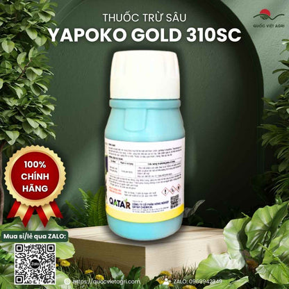 Mặt sau chai Yapoko Gold hiển thị hoạt chất Lambda-cyhalothrin và Thiamethoxam.
