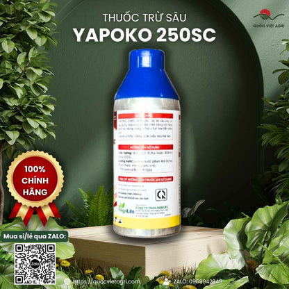 Mặt sau chai thuốc trừ sâu Yapoko 250SC 450ml với thông tin thành phần Thiamethoxam 140g/l, Lambda-cyhalothrin 110g/l và hướng dẫn sử dụng.