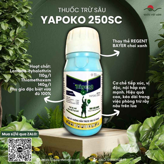 Mặt trước chai thuốc trừ sâu Yapoko 250SC 240ml, chuyên dùng để đặc trị rầy nâu, thay thế Regent, sản phẩm chính hãng.

