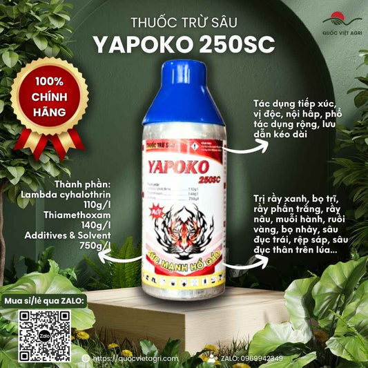 Mặt trước chai thuốc trừ sâu Yapoko 250SC 450ml, chuyên dùng để đặc trị rầy, rệp, bọ trĩ, sản phẩm dạng sữa mát cây.

