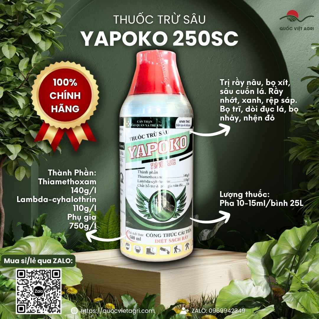 Mặt trước chai thuốc trừ sâu Yapoko 250SC 480ml, chuyên dùng để đặc trị rầy, rệp, bọ trĩ, sản phẩm dạng sữa mát cây.
