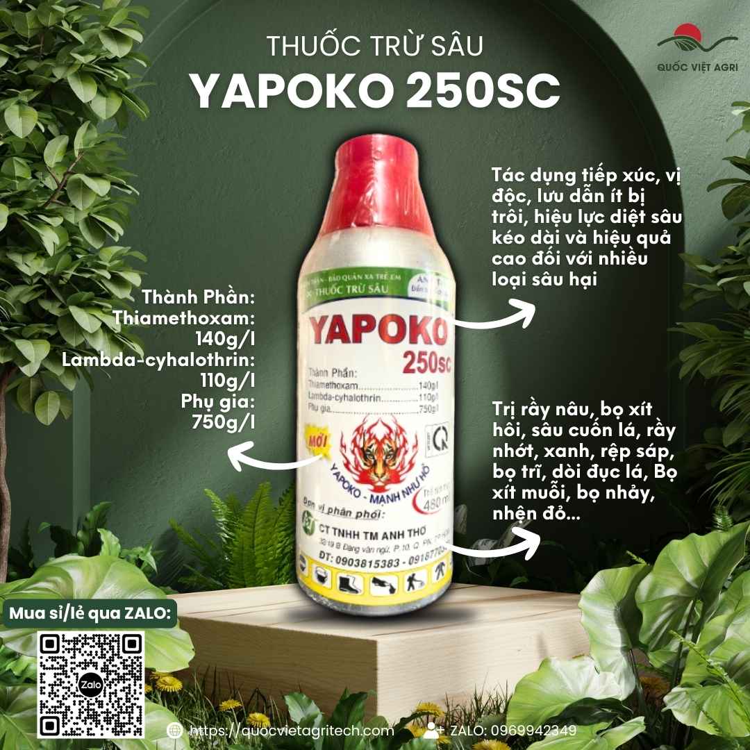 Mặt trước chai thuốc trừ sâu Yapoko 250SC 480ml, chuyên dùng để đặc trị rầy, rệp, bọ trĩ, sản phẩm dạng sữa mát cây.

