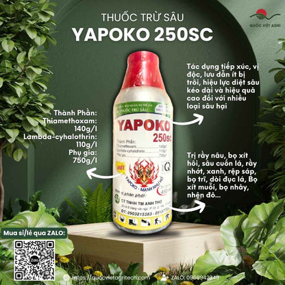 Mặt trước chai thuốc trừ sâu Yapoko 250SC 480ml, chuyên dùng để đặc trị rầy, rệp, bọ trĩ, sản phẩm dạng sữa mát cây.

