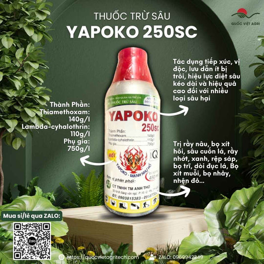 Mặt trước chai thuốc trừ sâu Yapoko 250SC 480ml, chuyên dùng để đặc trị rầy, rệp, bọ trĩ, sản phẩm dạng sữa mát cây.

