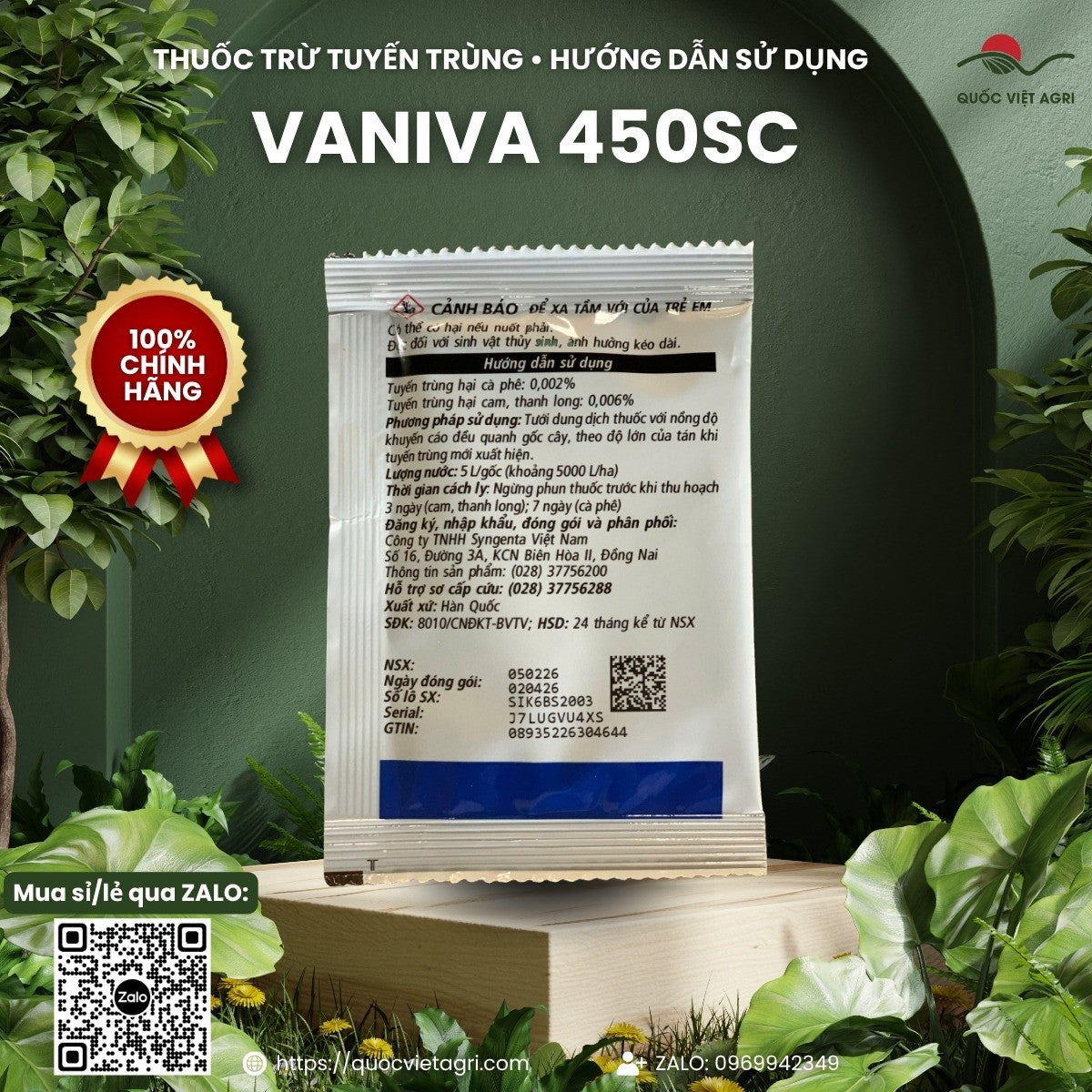 Mặt sau gói Vaniva 450SC 20 ml với hướng dẫn sử dụng: tuyến trùng hại cà phê nồng độ 0,002%, cam và thanh long 0,006%, tưới 5 lít dung dịch mỗi gốc, cách ly 3 ngày với cam, thanh long và 7 ngày với cà phê, số đăng ký 8010/CNĐKT-BVTV – sản phẩm chính hãng của Quốc Việt Agri
