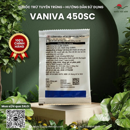 Mặt sau gói Vaniva 450SC 20 ml với hướng dẫn sử dụng: tuyến trùng hại cà phê nồng độ 0,002%, cam và thanh long 0,006%, tưới 5 lít dung dịch mỗi gốc, cách ly 3 ngày với cam, thanh long và 7 ngày với cà phê, số đăng ký 8010/CNĐKT-BVTV – sản phẩm chính hãng của Quốc Việt Agri