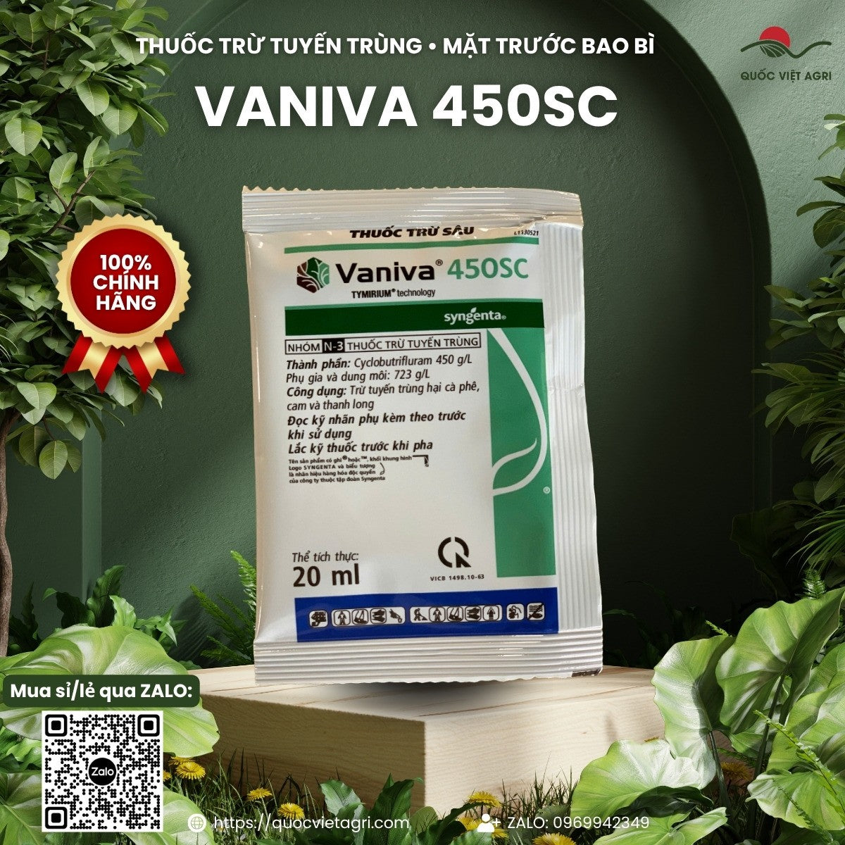 Mặt trước gói thuốc trừ tuyến trùng Vaniva 450SC 20 ml của Syngenta, hoạt chất Cyclobutrifluram 450 g/L nhóm N-3, công nghệ TYMIRIUM, trừ tuyến trùng hại cà phê, cam và thanh long – sản phẩm chính hãng của Quốc Việt Agri