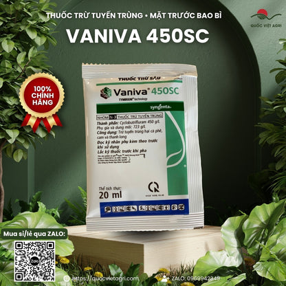 Mặt trước gói thuốc trừ tuyến trùng Vaniva 450SC 20 ml của Syngenta, hoạt chất Cyclobutrifluram 450 g/L nhóm N-3, công nghệ TYMIRIUM, trừ tuyến trùng hại cà phê, cam và thanh long – sản phẩm chính hãng của Quốc Việt Agri