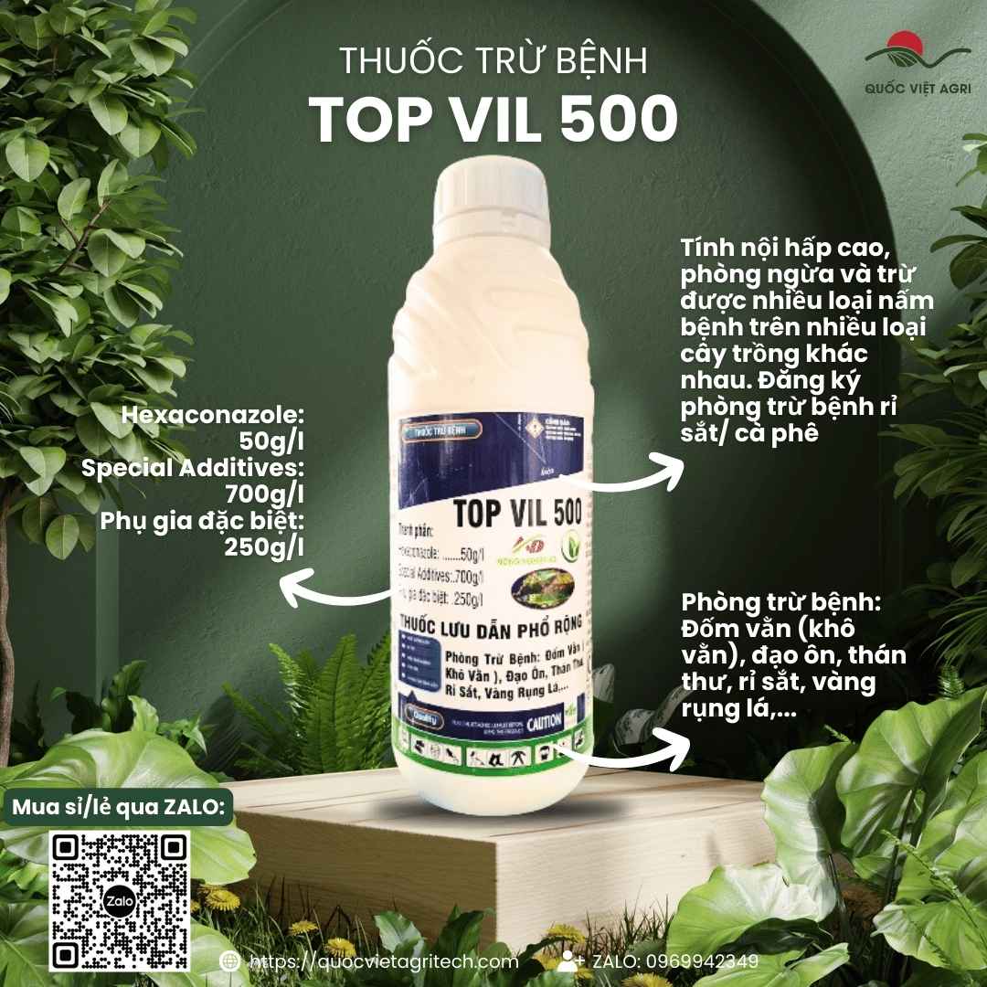 Mặt trước chai thuốc trừ bệnh Top Vil 500 1 Lít, chuyên dùng để đặc trị rỉ sắt cà phê, đạo ôn lúa, sản phẩm chính hãng.

