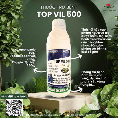 Mặt trước chai thuốc trừ bệnh Top Vil 500 1 Lít, chuyên dùng để đặc trị rỉ sắt cà phê, đạo ôn lúa, sản phẩm chính hãng.

