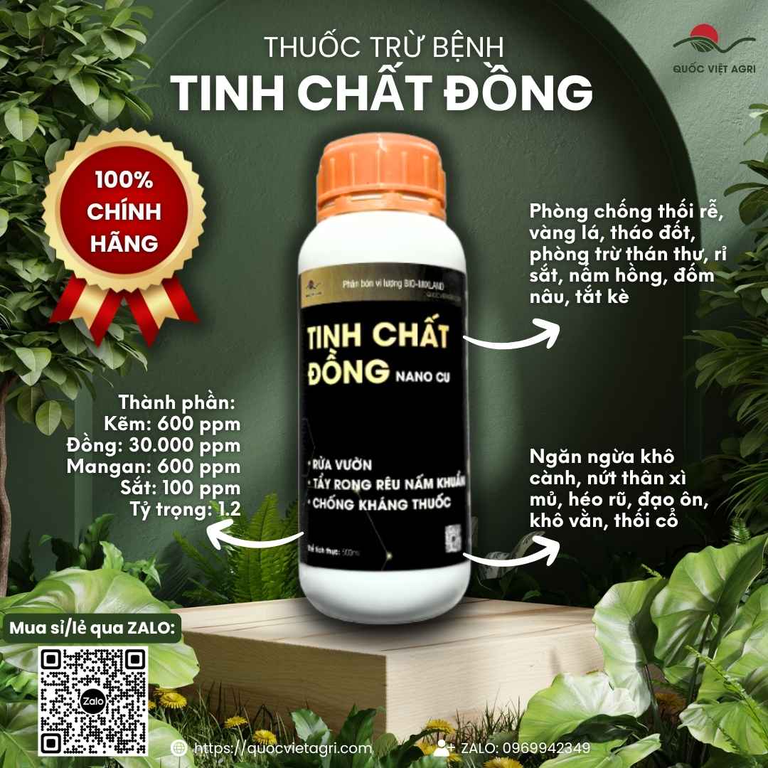 Mặt trước chai Tinh Chất Đồng Nano Cu 500ml dùng rửa vườn trị nấm.
