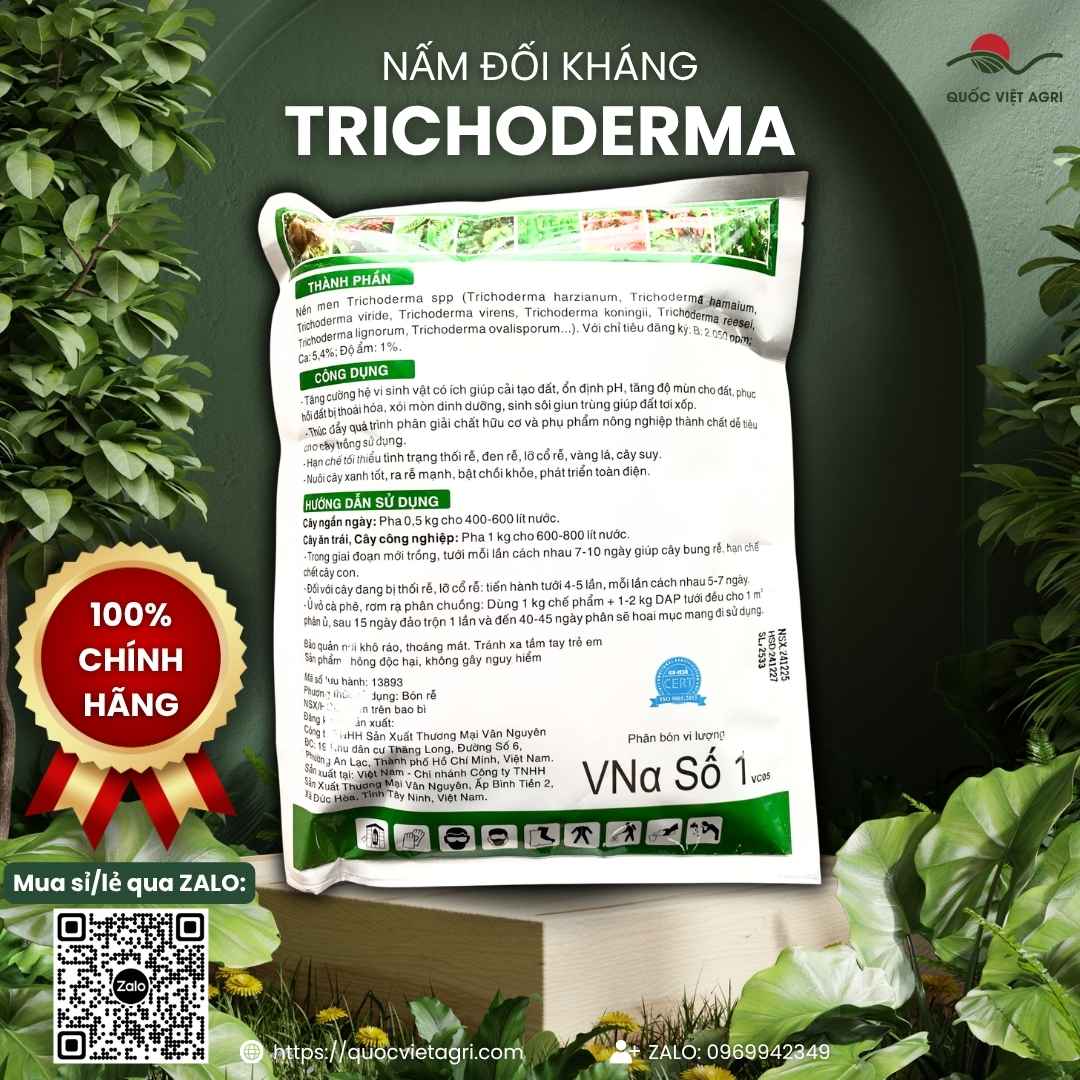 Mặt sau gói nấm đối kháng Trichoderma 1kg chuẩn công nghệ ĐH Nông Lâm.