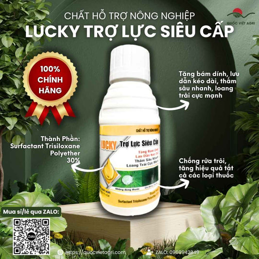 Mặt trước chai chất trợ lực Siêu Cấp Lucky 100ml, chuyên dùng để tăng bám dính, chống rửa trôi, sản phẩm chính hãng.

