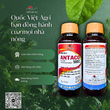 Ảnh toàn diện chai Antaco 500EC với hoạt chất Acetochlor và hướng dẫn phun mầm.