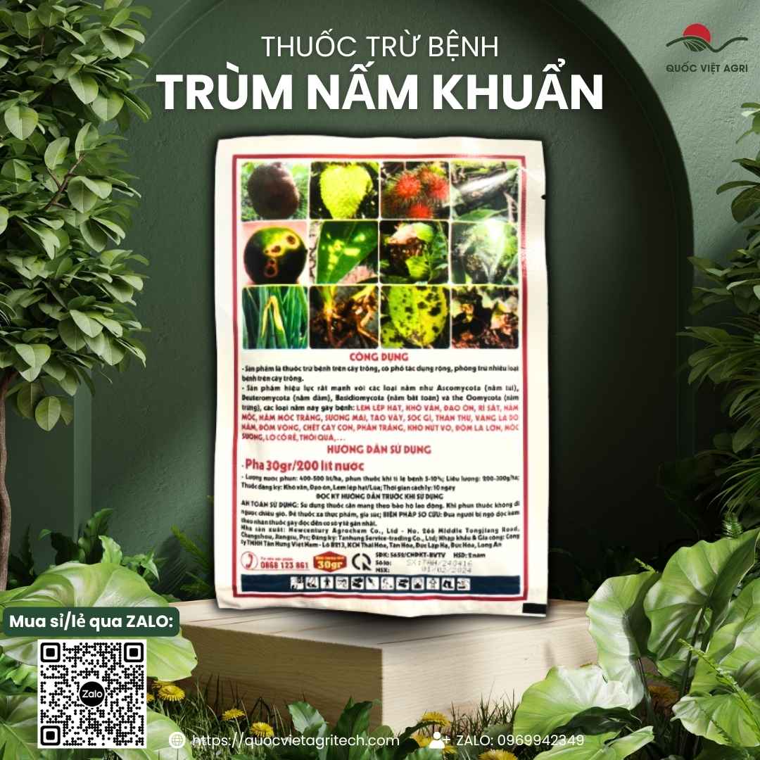 Mặt sau gói Trùm Nấm Khuẩn với hướng dẫn sử dụng pha 200 lít nước, công dụng trừ nấm phổ rộng.