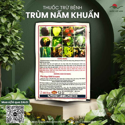 Mặt sau gói Trùm Nấm Khuẩn với hướng dẫn sử dụng pha 200 lít nước, công dụng trừ nấm phổ rộng.