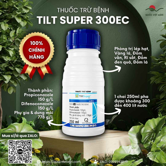 Mặt trước chai thuốc trừ bệnh Tilt Super 300EC 250ml, chuyên dùng để trị lem lép hạt lúa, rỉ sắt cà phê, sản phẩm chính hãng Syngenta.
