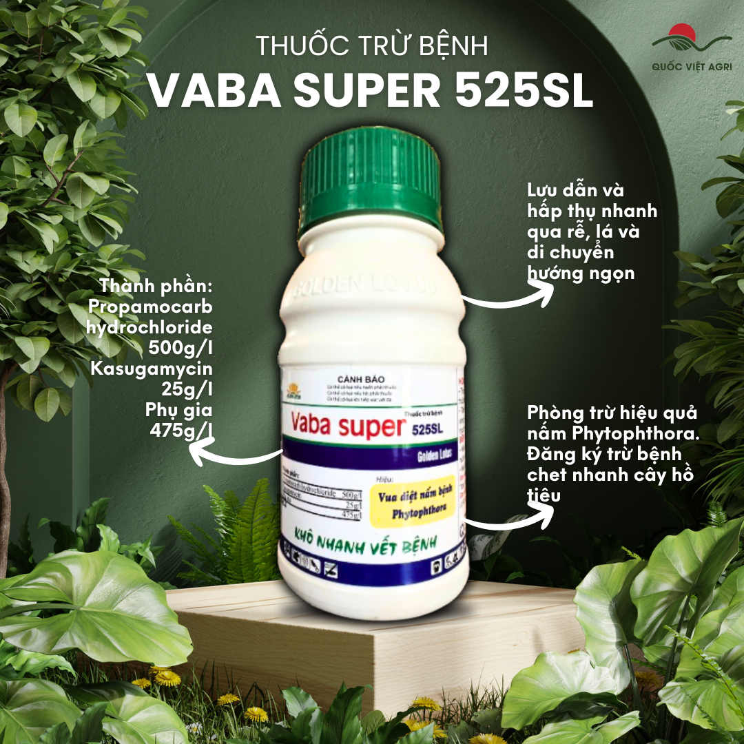 Mặt trước chai thuốc trừ bệnh VABA SUPER 525SL 500ml, thông tin sản phẩm và thương hiệu rõ nét