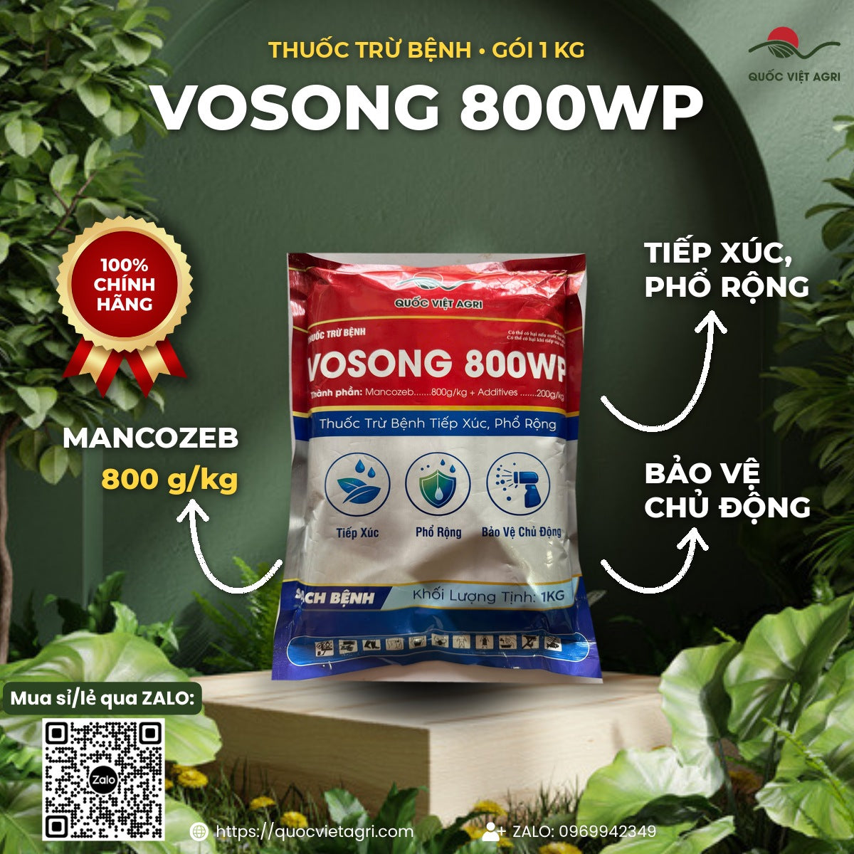Gói VOSONG 800WP 1kg (Mancozeb 800 g/kg), thuốc trừ bệnh tiếp xúc, phổ rộng của Quốc Việt Agri