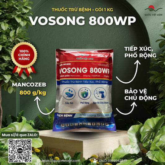 Gói VOSONG 800WP 1kg (Mancozeb 800 g/kg), thuốc trừ bệnh tiếp xúc, phổ rộng của Quốc Việt Agri