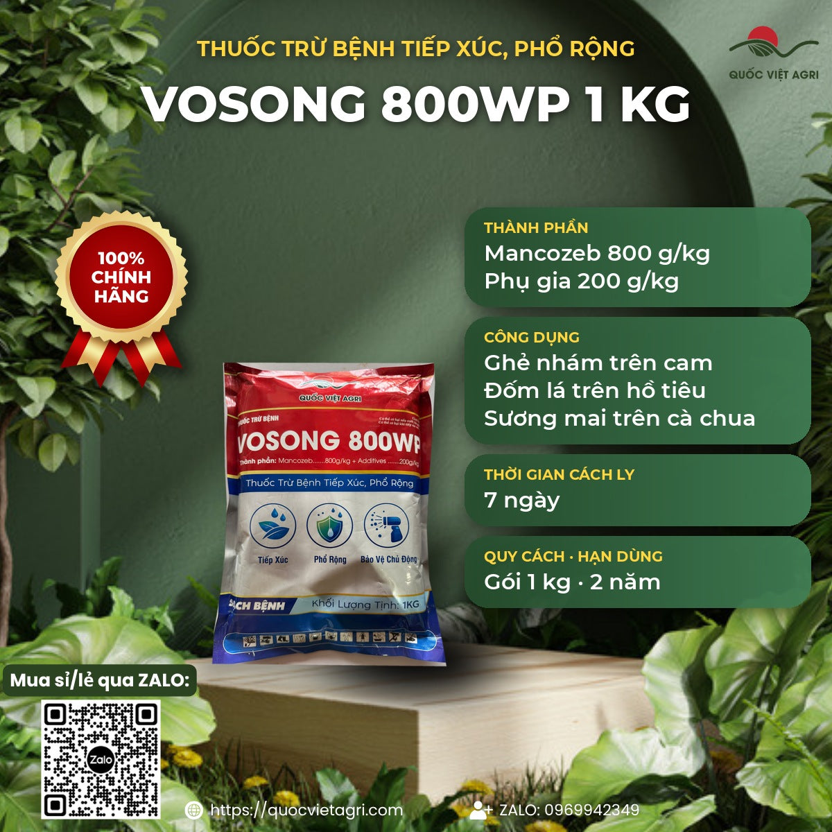 Thông tin VOSONG 800WP: Mancozeb 800 g/kg, trị ghẻ nhám cam, đốm lá hồ tiêu, sương mai cà chua, cách ly 7 ngày