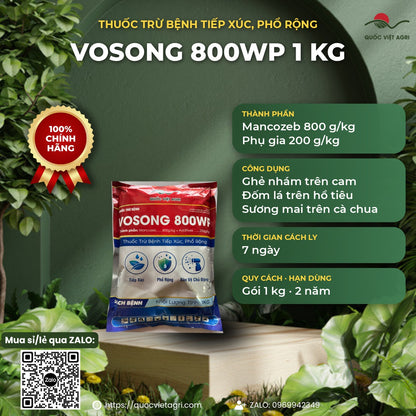 Thông tin VOSONG 800WP: Mancozeb 800 g/kg, trị ghẻ nhám cam, đốm lá hồ tiêu, sương mai cà chua, cách ly 7 ngày
