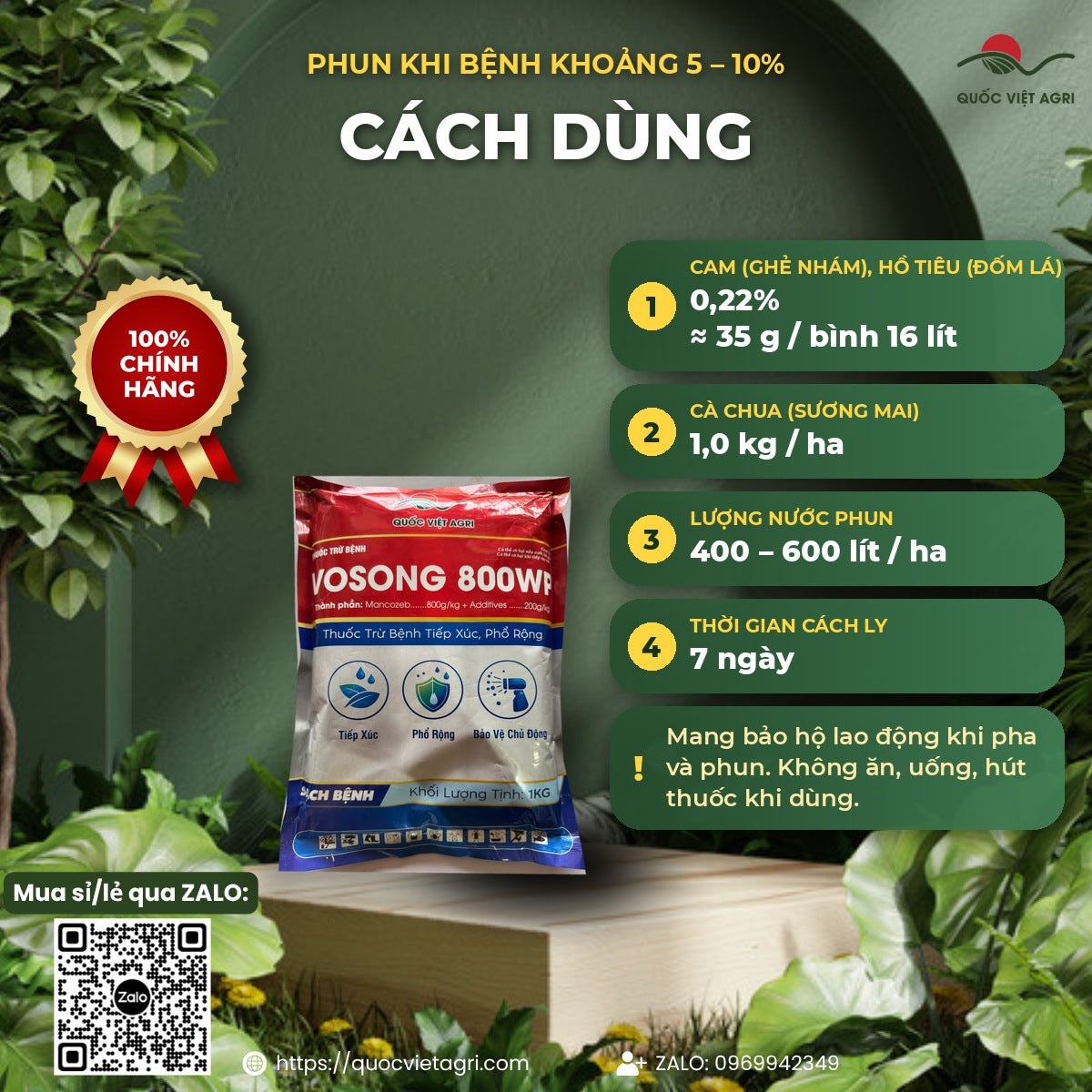 Cách dùng VOSONG 800WP: 0,22% cho cam và hồ tiêu, 1,0 kg/ha cho cà chua, nước 400–600 lít/ha